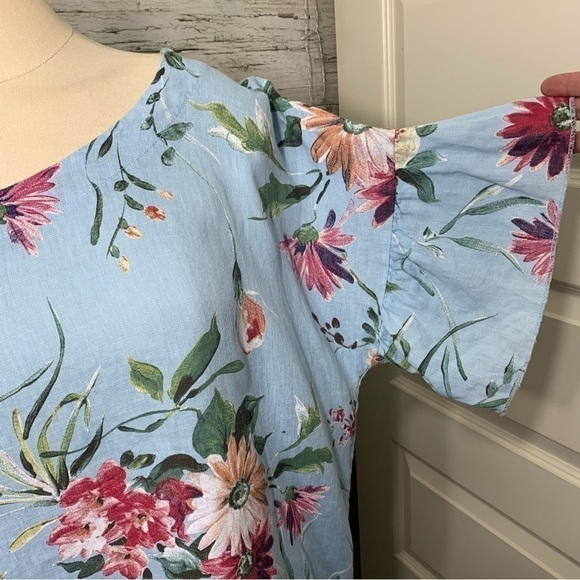 Bella Umbra Linen Blouse Sz M Blue Aqua Floral Tropical Ruffle Sleeves Top Italy - Picture 7 of 11